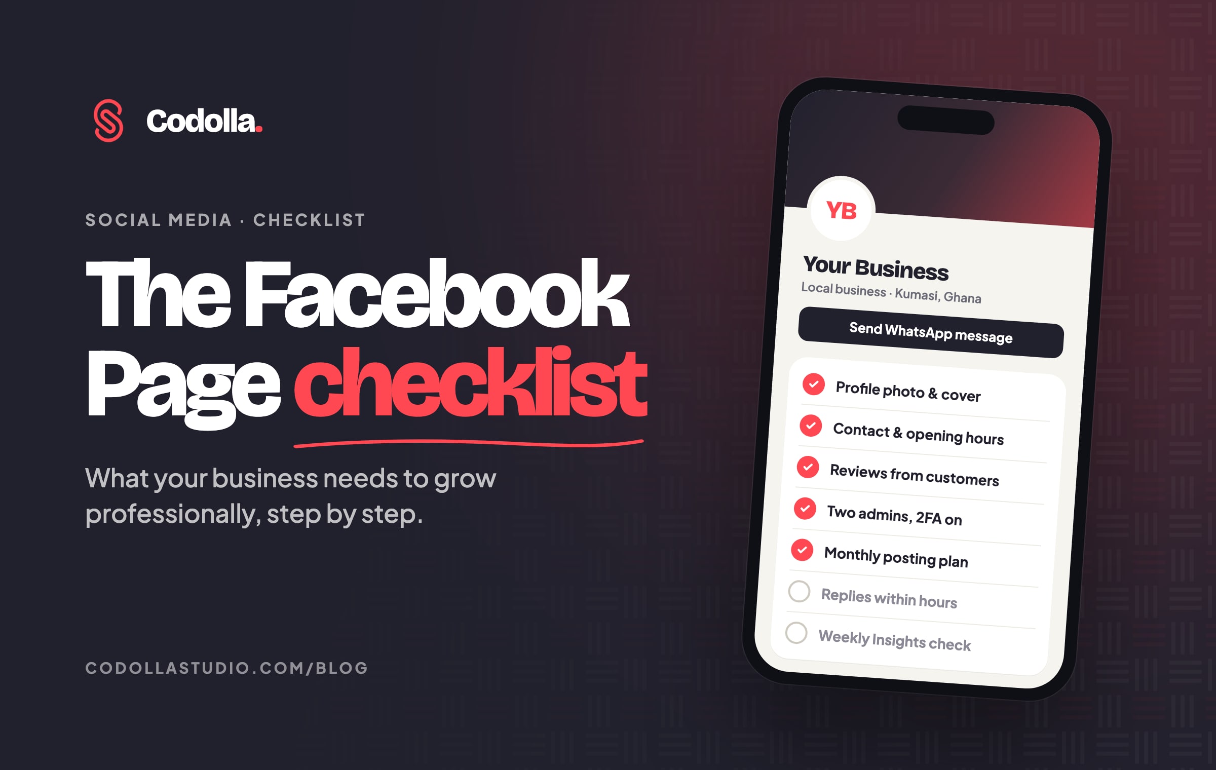 The Facebook Page checklist: a phone showing a business Page with a WhatsApp button and a checklist of profile, contact, reviews, admins and posting plan